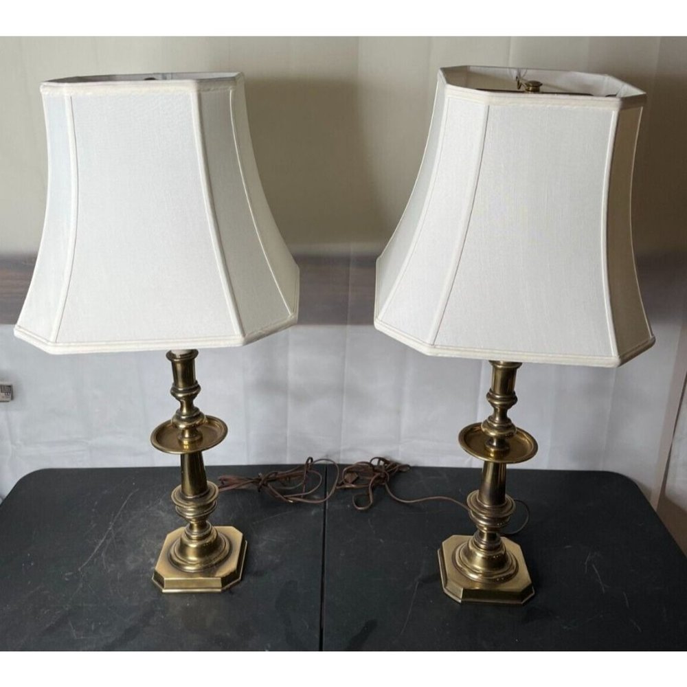 Vintage pair Brass Finish Stiffel Candlestick Table Lamps w shades 30" high